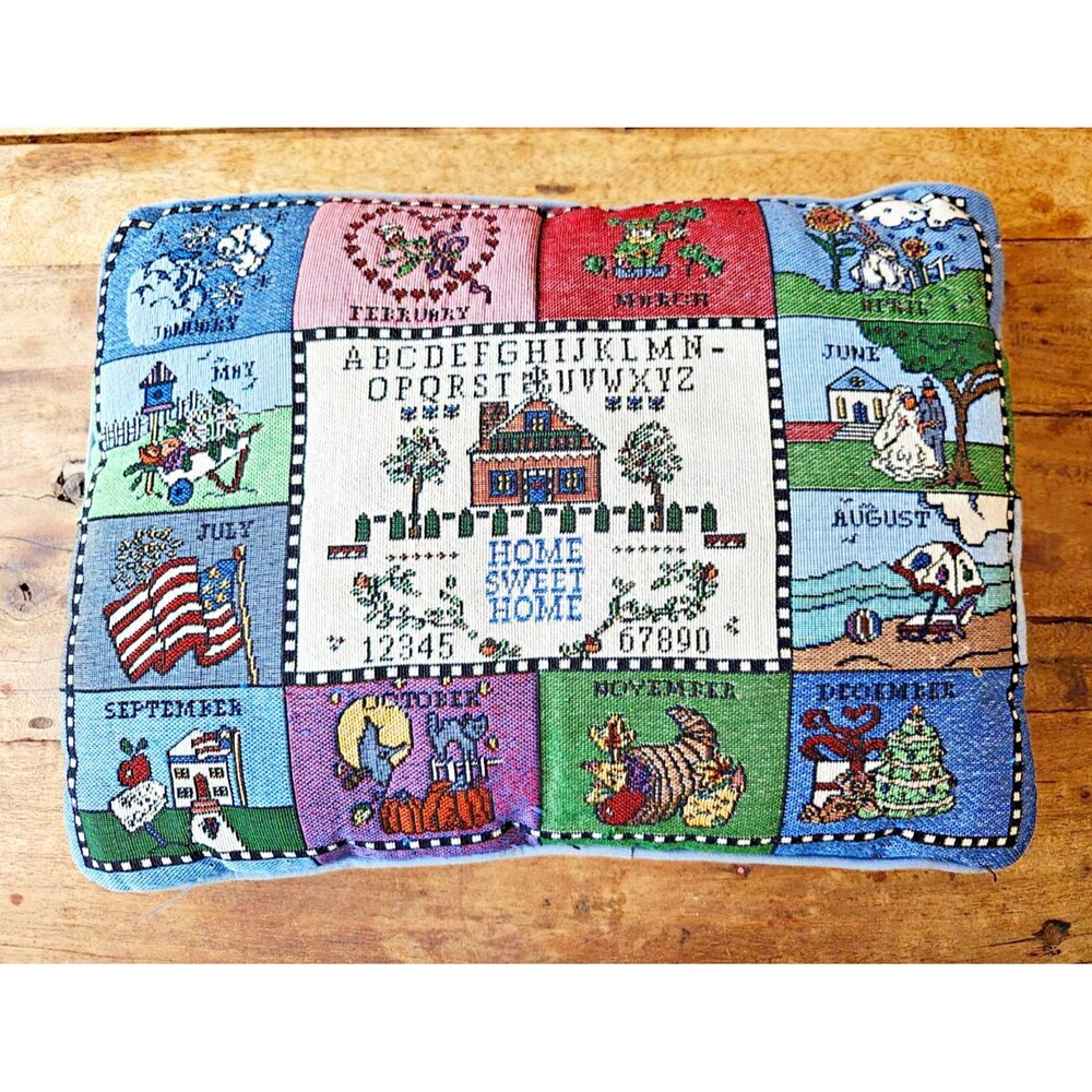 Vintage 16" Tapestry Calendar Sampler Pillow, Home Sweet Home Cross Stitch Style